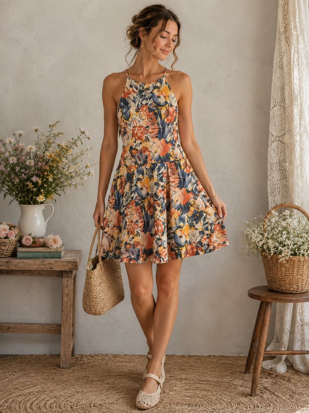 Soprano Floral Halter Skater Dress Women’s Medium Fit & Flare